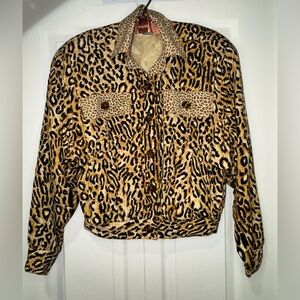 Caché 100% Silk vintage Leopard Animal Print Cropped Jacket Size P (small)